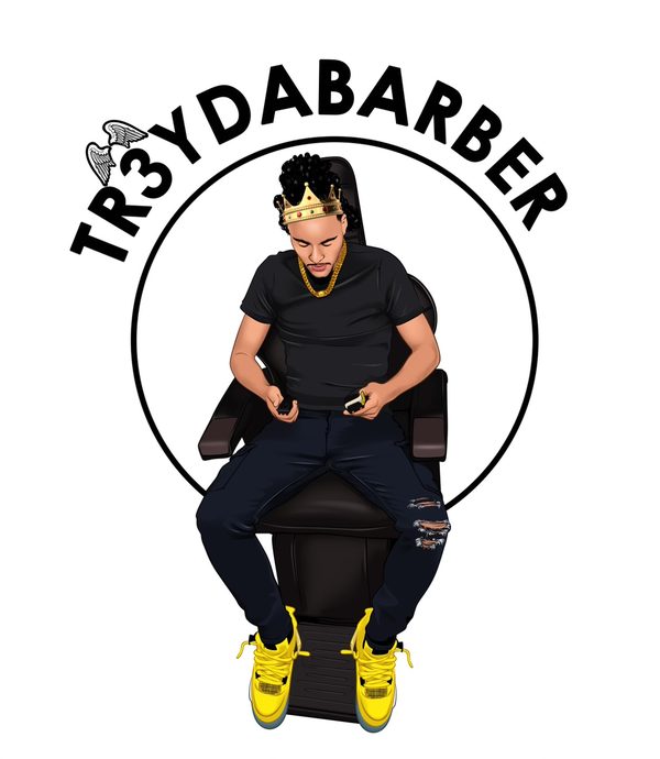 Tr3ydabarber logo: a cartoon of Tr3y in a crown and yellow sneakers, sitting in a barber chair holding clippers